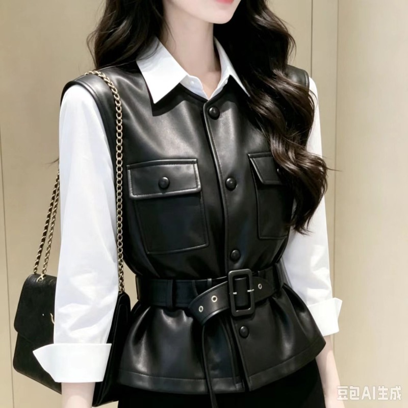 Leather Work Vest - Rompi Wanita Berbahan Kulit Imitasi dengan