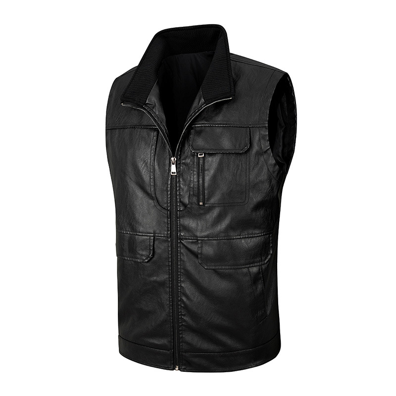 Leather Work Vest - Rompi kulit pria, rompi kerah tegak