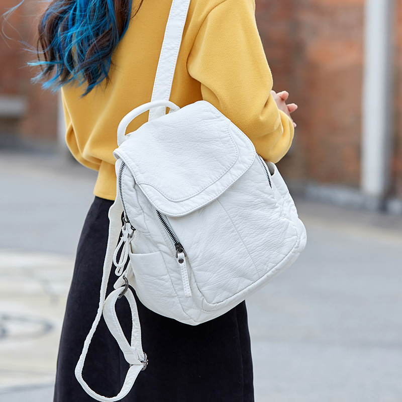 Leather Work Backpack - Tas punggung wanita, ransel putih dicuci