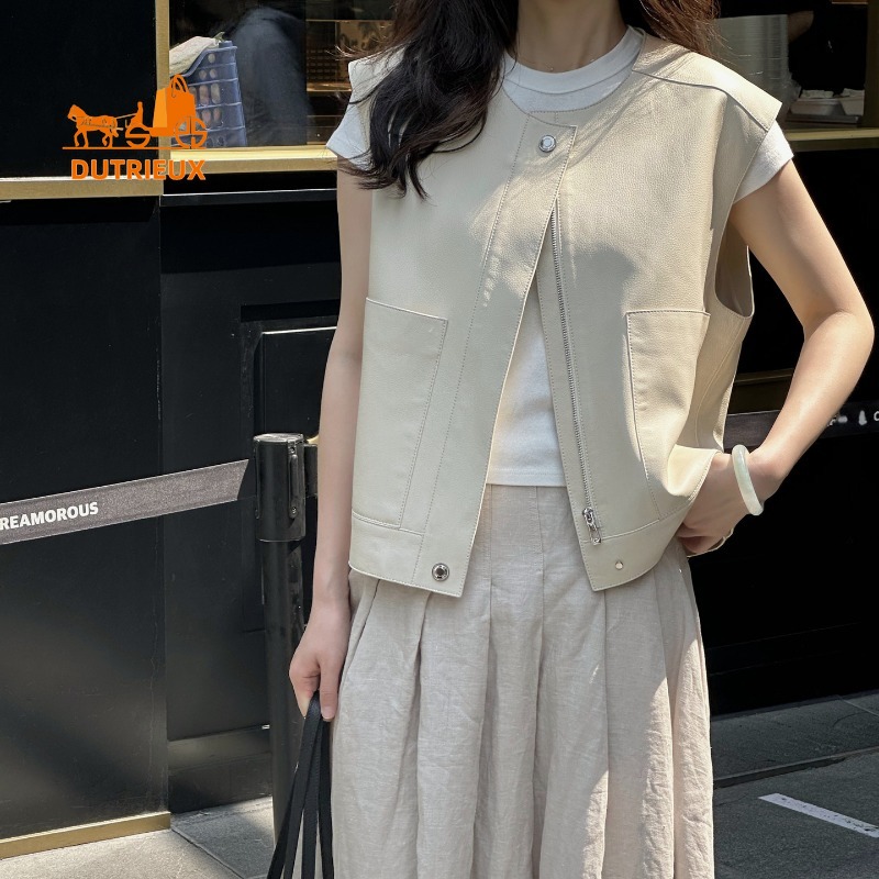 Leather Work Vest - Rompi kulit domba putih, jaket kerja