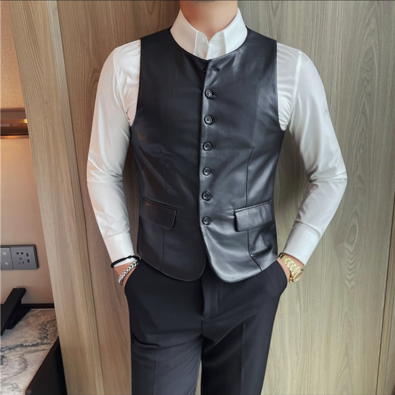 Leather Work Vest - Rompi Kulit Kasual Pria Musim Gugur